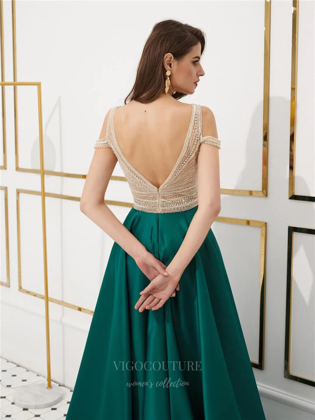 Prom Dress 2025 V-Neck Beaded Satin Prom Dress 20282-unique elegant Prom Dresses-Green-US2-vigocouture