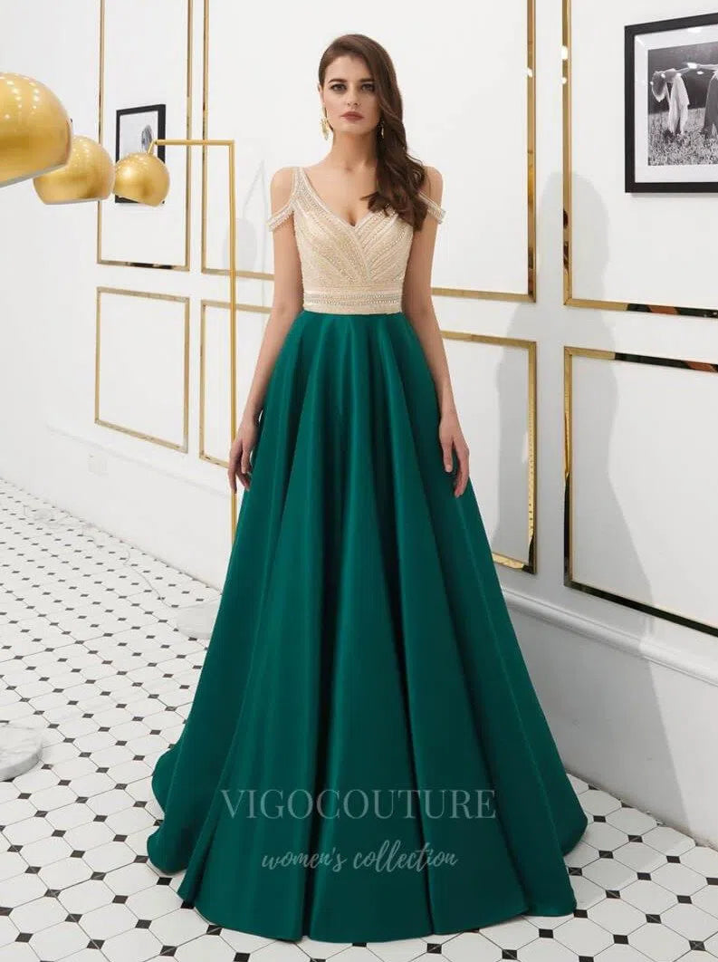 Prom Dress 2025 V-Neck Beaded Satin Prom Dress 20282-unique elegant Prom Dresses-Green-US2-vigocouture