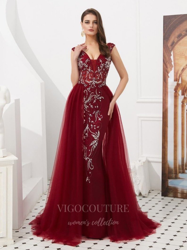 Prom Dress 2025 V-Neck Beaded Tulle Prom Dress 20278-unique elegant Prom Dresses-Burgundy-US2-vigocouture