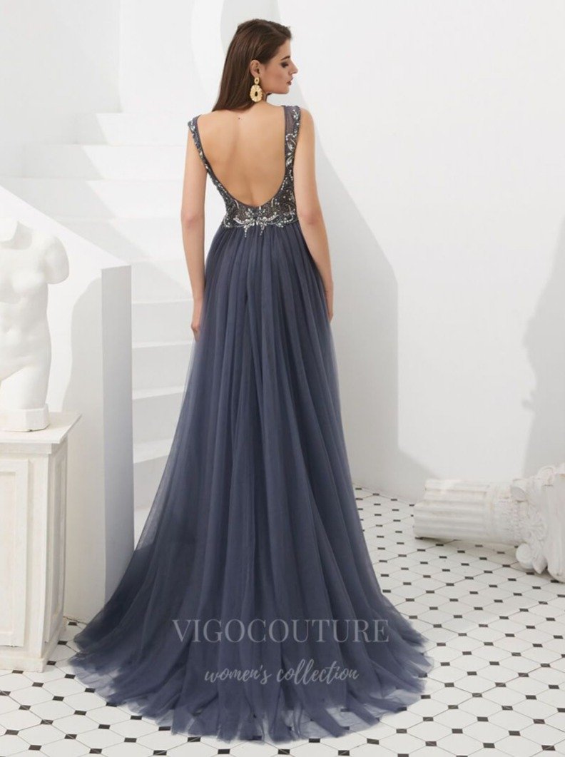 Prom Dress 2025 V-Neck Beaded Tulle Prom Dress 20278-unique elegant Prom Dresses-Grey-US2-vigocouture