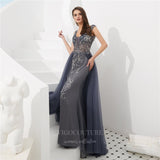 Prom Dress 2025 V-Neck Beaded Tulle Prom Dress 20278-unique elegant Prom Dresses-Grey-US2-vigocouture