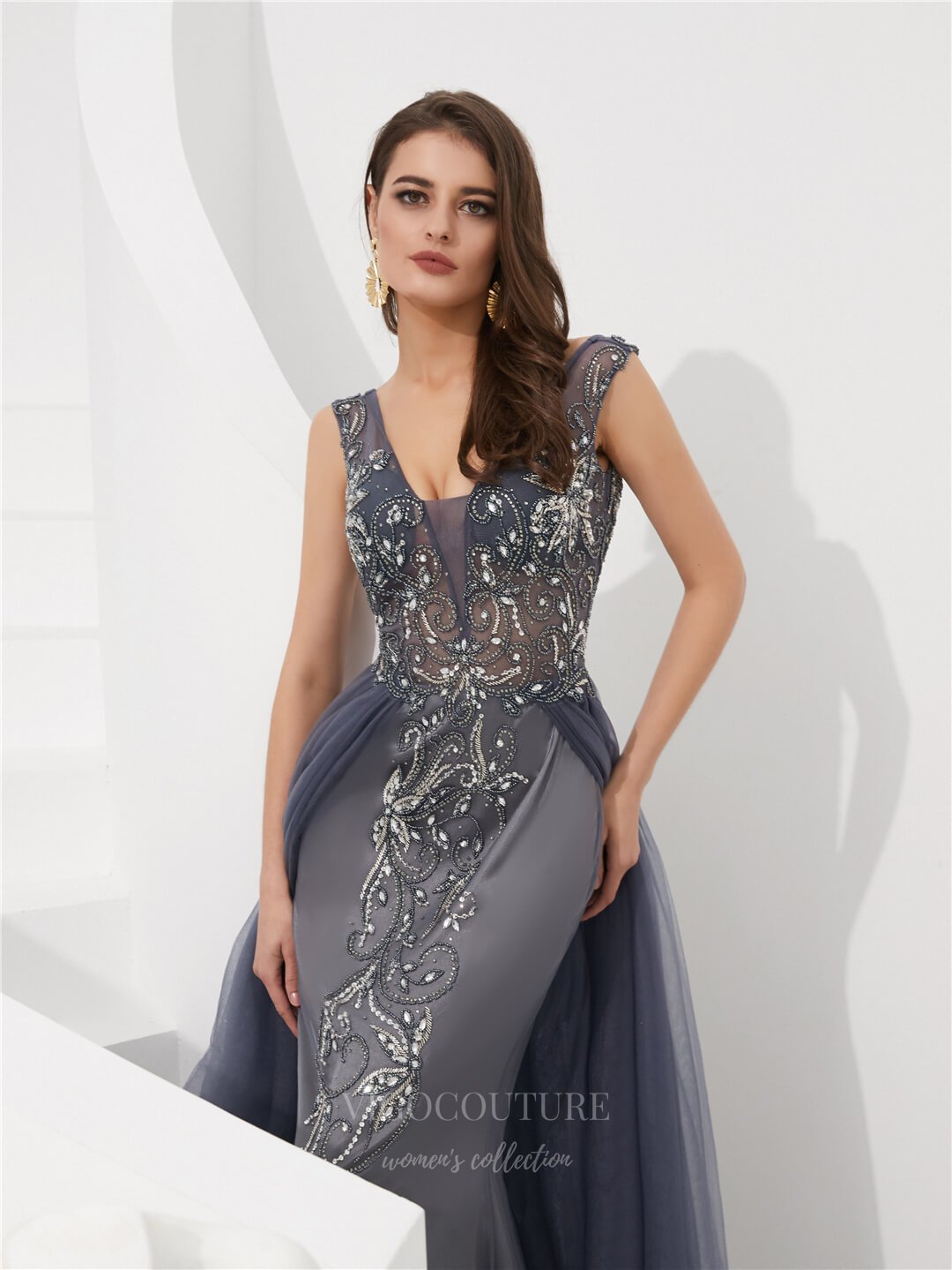 Prom Dress 2025 V-Neck Beaded Tulle Prom Dress 20278-unique elegant Prom Dresses-Grey-US2-vigocouture