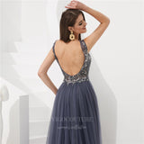 Prom Dress 2025 V-Neck Beaded Tulle Prom Dress 20278-unique elegant Prom Dresses-Grey-US2-vigocouture