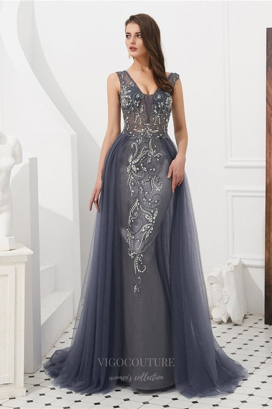 Prom Dress 2025 V-Neck Beaded Tulle Prom Dress 20278-unique elegant Prom Dresses-Grey-US2-vigocouture