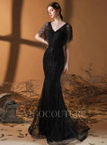 Prom Dress 2025 V-neck Mermaid Prom Dresses Short Sleeve Beaded Evening Dresses 20075-unique elegant Prom Dresses-Black-US2-vigocouture