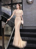 Prom Dress 2025 V-neck Mermaid Prom Dresses Short Sleeve Beaded Evening Dresses 20075-unique elegant Prom Dresses-Champagne-US2-vigocouture