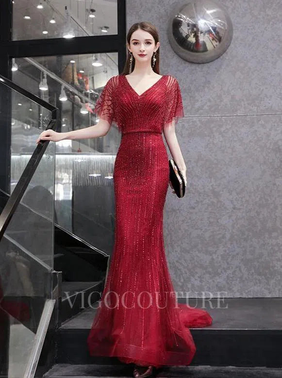 Prom Dress 2025 V-neck Mermaid Prom Dresses Short Sleeve Beaded Evening Dresses 20075-unique elegant Prom Dresses-Red-US2-vigocouture