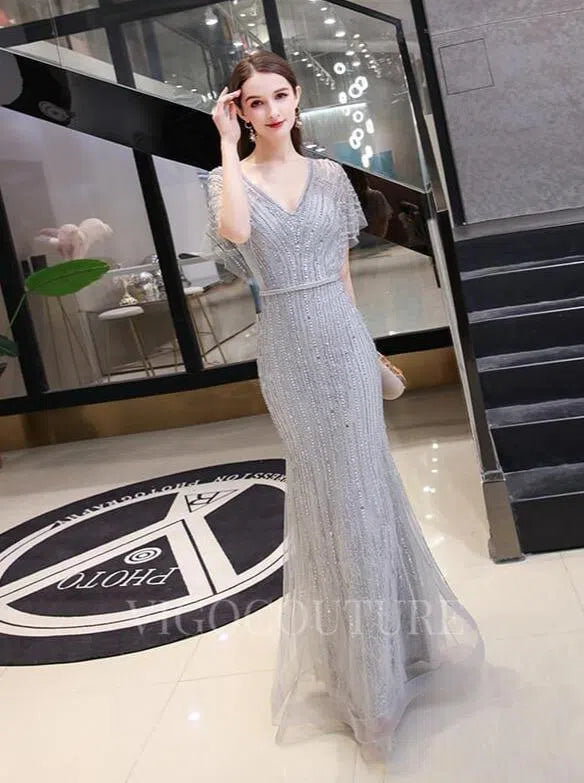 Prom Dress 2025 V-neck Mermaid Prom Dresses Short Sleeve Beaded Evening Dresses 20075-unique elegant Prom Dresses-Silver-US2-vigocouture