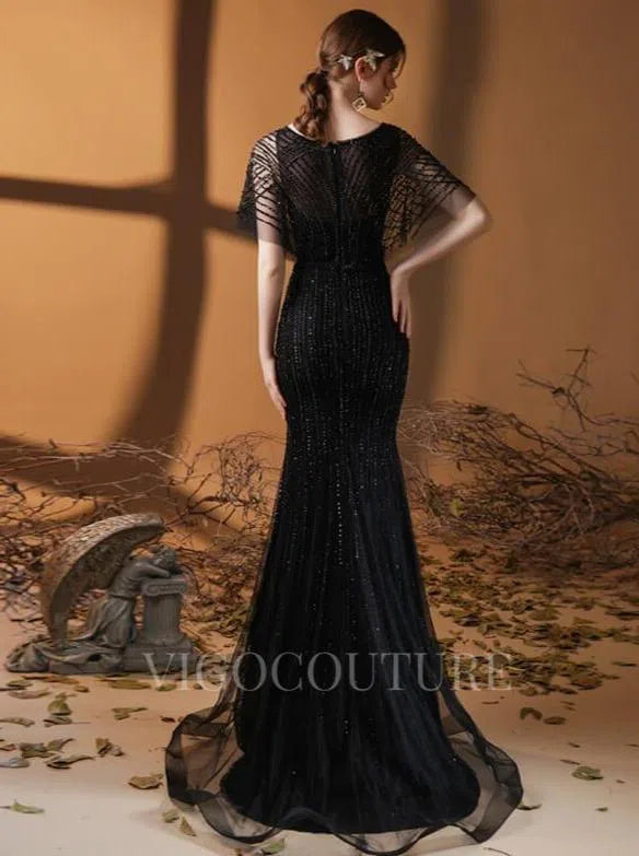 Prom Dress 2025 V-neck Mermaid Prom Dresses Short Sleeve Beaded Evening Dresses 20075-unique elegant Prom Dresses-Tiffany-US2-vigocouture