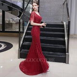 Prom Dress 2025 V-neck Mermaid Prom Dresses Short Sleeve Beaded Evening Dresses 20075-unique elegant Prom Dresses-Tiffany-US2-vigocouture