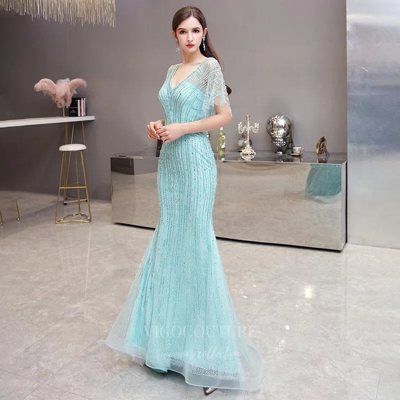 Prom Dress 2025 V-neck Mermaid Prom Dresses Short Sleeve Beaded Evening Dresses 20075-unique elegant Prom Dresses-Tiffany-US2-vigocouture