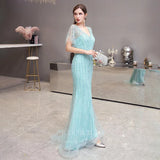 Prom Dress 2025 V-neck Mermaid Prom Dresses Short Sleeve Beaded Evening Dresses 20075-unique elegant Prom Dresses-Tiffany-US2-vigocouture