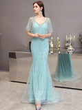 V-neck Mermaid Prom Dresses Short Sleeve Beaded Evening Dresses 20075