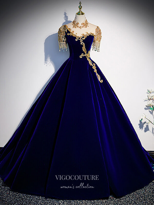 Prom Dress 2025 Velvet Beaded Prom Dresses Short Sleeve Formal Gown 21343-unique elegant Prom Dresses-Blue-US2-vigocouture