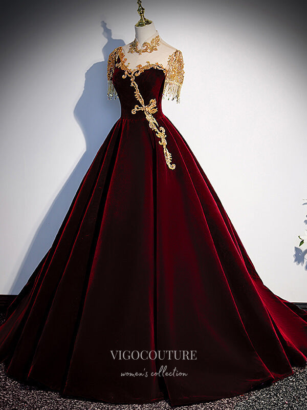 Prom Dress 2025 Velvet Beaded Prom Dresses Short Sleeve Formal Gown 21343-unique elegant Prom Dresses-Burgundy-US2-vigocouture