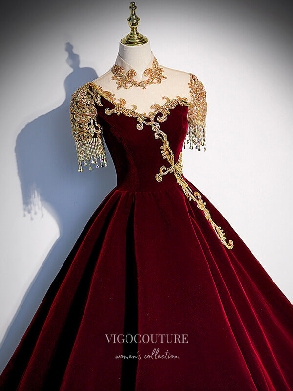 Prom Dress 2025 Velvet Beaded Prom Dresses Short Sleeve Formal Gown 21343-unique elegant Prom Dresses-Burgundy-US2-vigocouture