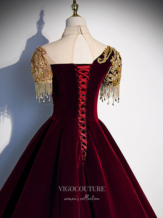 Prom Dress 2025 Velvet Beaded Prom Dresses Short Sleeve Formal Gown 21343-unique elegant Prom Dresses-Burgundy-US2-vigocouture