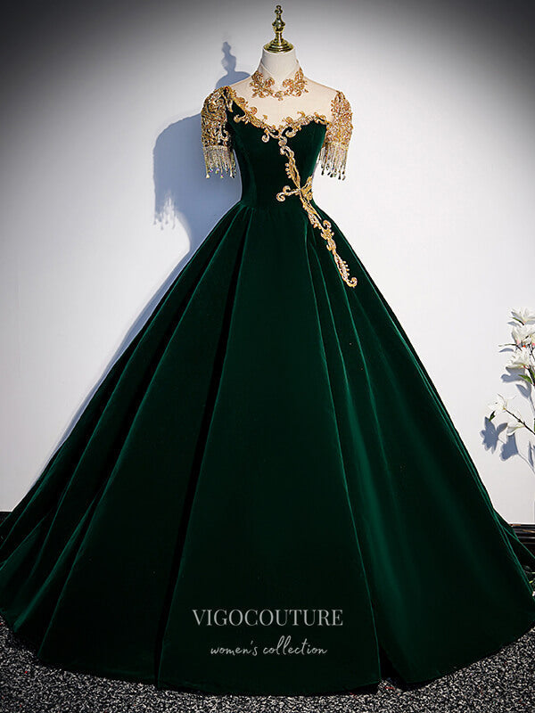 Prom Dress 2025 Velvet Beaded Prom Dresses Short Sleeve Formal Gown 21343-unique elegant Prom Dresses-Green-US2-vigocouture