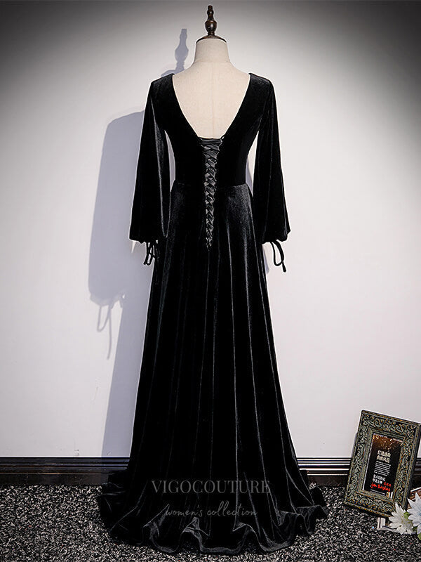 Prom Dress 2025 Velvet Long Sleeve V-Neck Prom Dress 20903-unique elegant Prom Dresses-Black-Custom Size-vigocouture