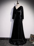 Prom Dress 2025 Velvet Long Sleeve V-Neck Prom Dress 20903-unique elegant Prom Dresses-Black-Custom Size-vigocouture