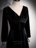 Prom Dress 2025 Velvet Long Sleeve V-Neck Prom Dress 20903-unique elegant Prom Dresses-Black-Custom Size-vigocouture