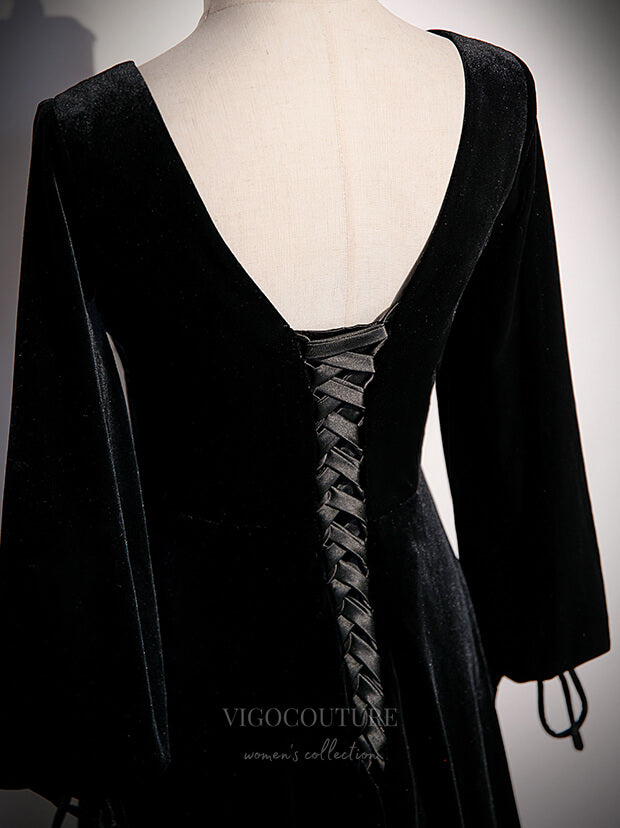 Prom Dress 2025 Velvet Long Sleeve V-Neck Prom Dress 20903-unique elegant Prom Dresses-Black-Custom Size-vigocouture