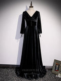 Prom Dress 2025 Velvet Long Sleeve V-Neck Prom Dress 20903-unique elegant Prom Dresses-Black-Custom Size-vigocouture