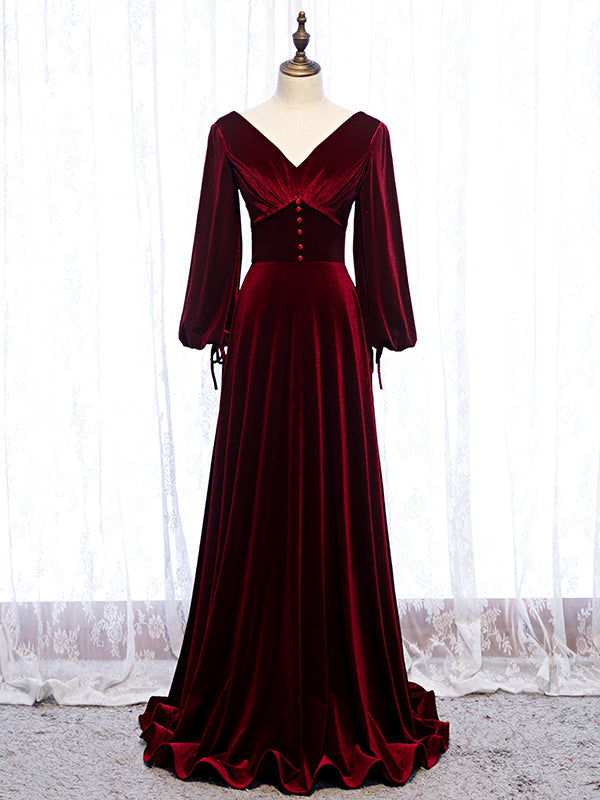 Prom Dress 2025 Velvet Long Sleeve V-Neck Prom Dress 20903-unique elegant Prom Dresses-Burgundy-Custom Size-vigocouture