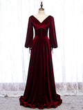 Prom Dress 2025 Velvet Long Sleeve V-Neck Prom Dress 20903-unique elegant Prom Dresses-Burgundy-Custom Size-vigocouture