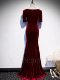 Prom Dress 2025 Velvet Mermaid Prom Dress 2022 Square Neck Short Sleeve Prom Gown-unique elegant Prom Dresses-Burgundy-US2-vigocouture