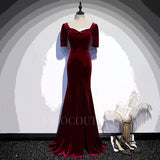 Prom Dress 2025 Velvet Mermaid Prom Dress 2022 Square Neck Short Sleeve Prom Gown-unique elegant Prom Dresses-Burgundy-US2-vigocouture