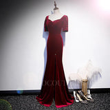 Prom Dress 2025 Velvet Mermaid Prom Dress 2022 Square Neck Short Sleeve Prom Gown-unique elegant Prom Dresses-Burgundy-US2-vigocouture