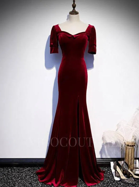 Prom Dress 2025 Velvet Mermaid Prom Dress 2022 Square Neck Short Sleeve Prom Gown-unique elegant Prom Dresses-Burgundy-US2-vigocouture