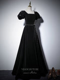 Prom Dress 2025 Velvet Puffed Sleeve Prom Dresses Square Neck Formal Dresses 21063-unique elegant Prom Dresses-Black-US2-vigocouture