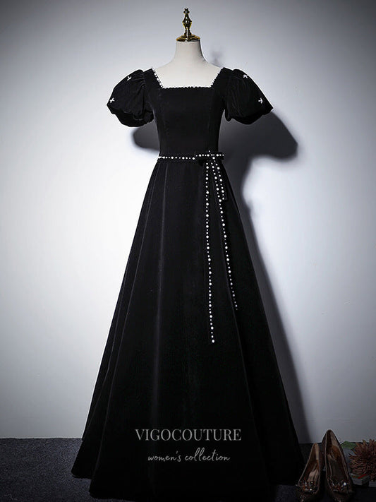 Prom Dress 2025 Velvet Puffed Sleeve Prom Dresses Square Neck Formal Dresses 21063-unique elegant Prom Dresses-Black-US2-vigocouture