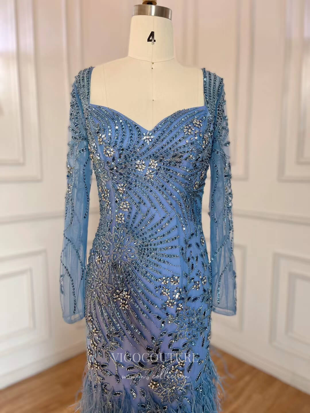 Vintage Beaded Feather Prom Dresses Long Sleeve Evening Dress 22125 – vigocouture
