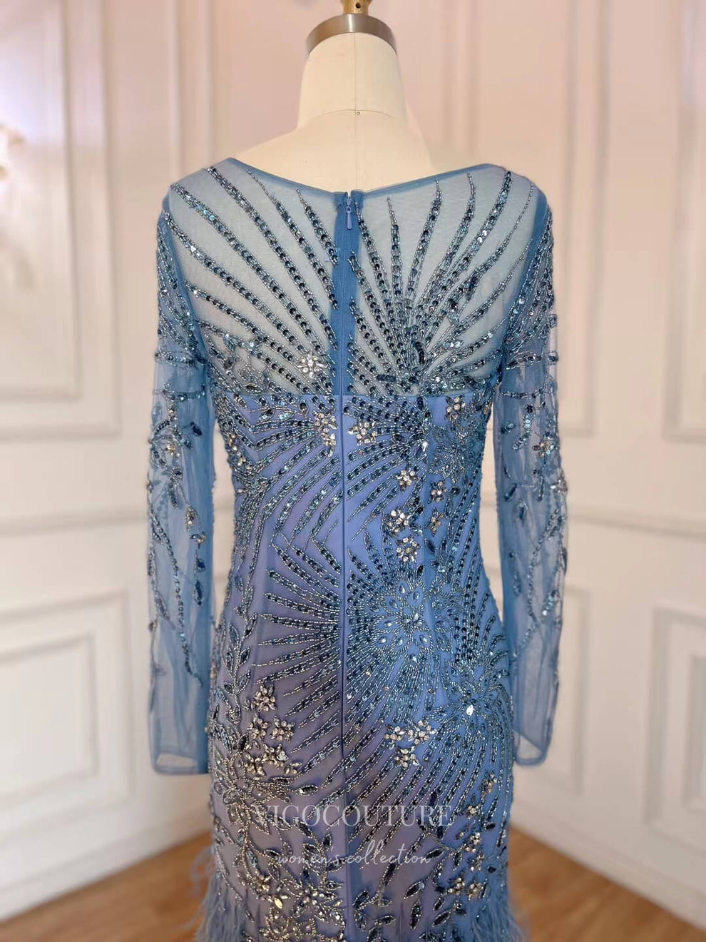 Beaded Denim Dress With Feathered Sleeves