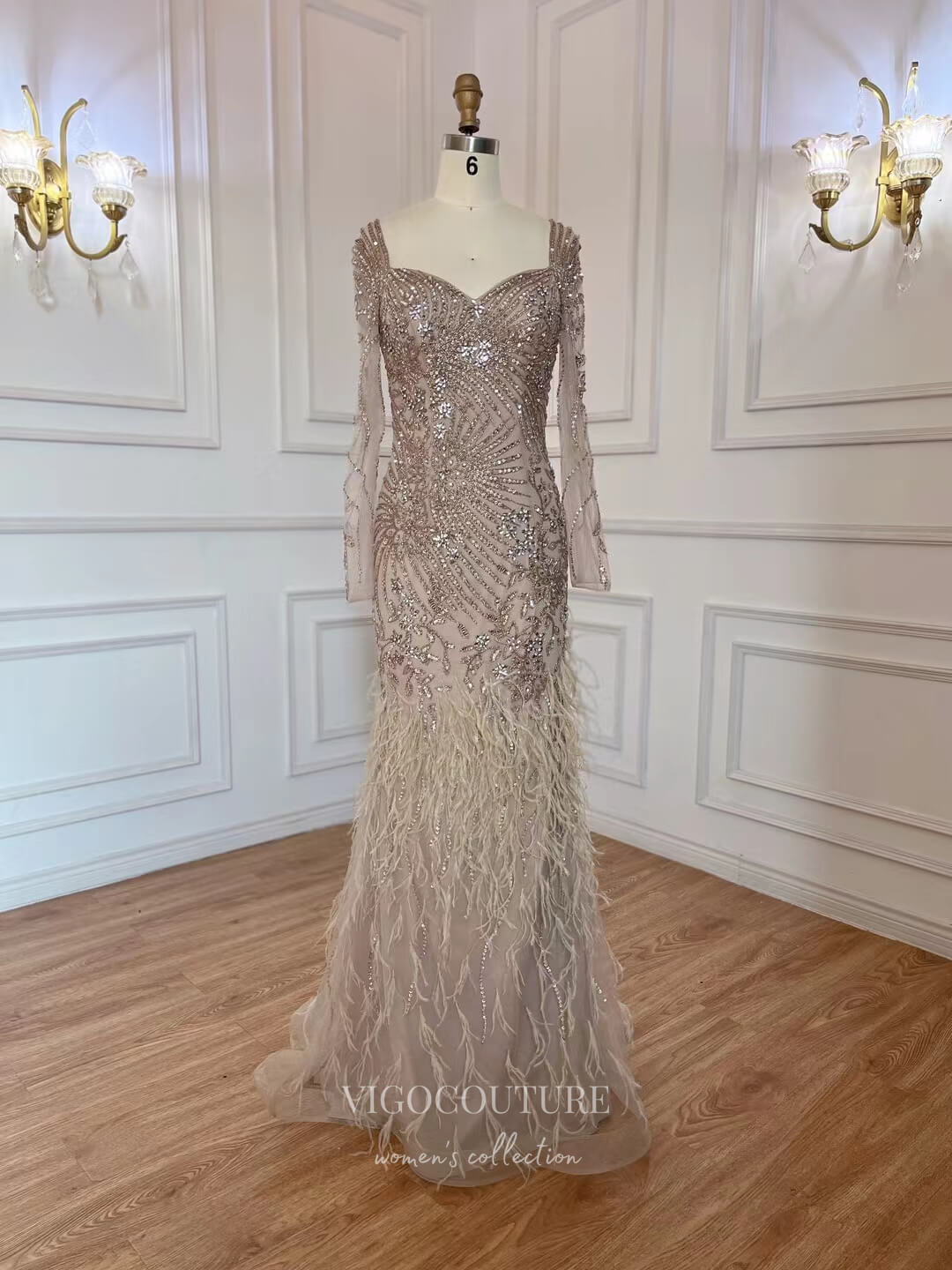 Prom Dress 2025 Vintage Beaded Feather Prom Dresses Long Sleeve Evening Dress 22125-unique elegant Prom Dresses-Mocha-US2-vigocouture