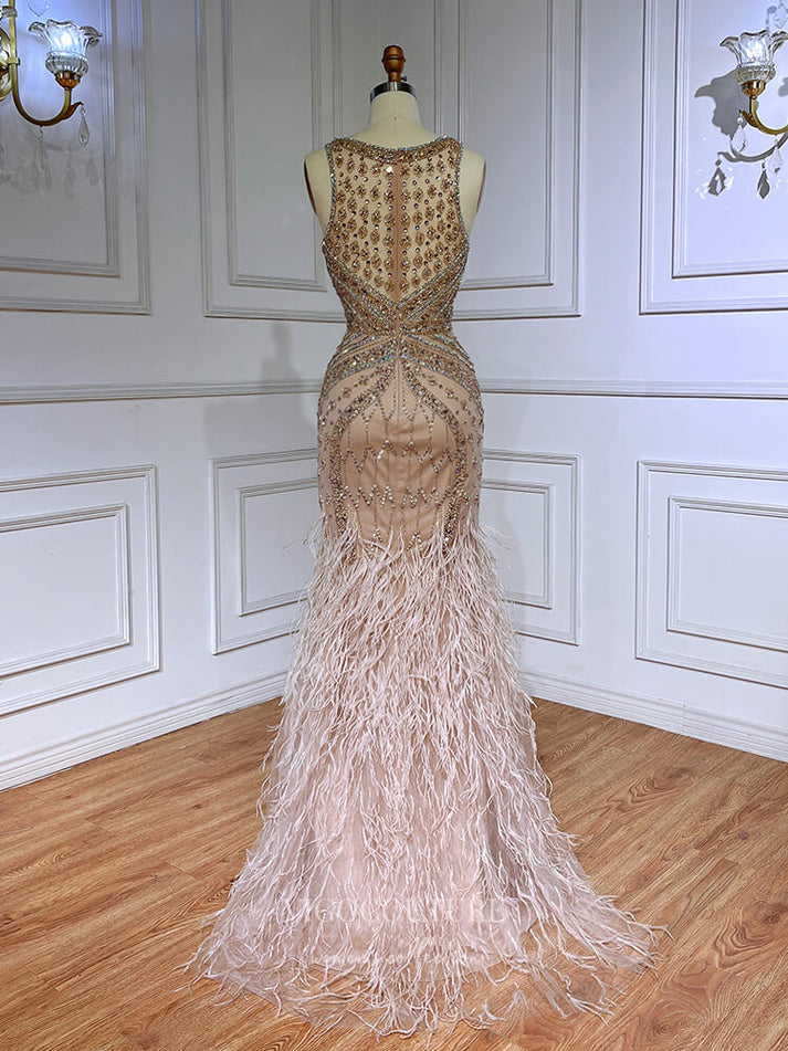 Vintage Beaded Feather Prom Dresses with Slit Mermaid 1920s Evening Dr