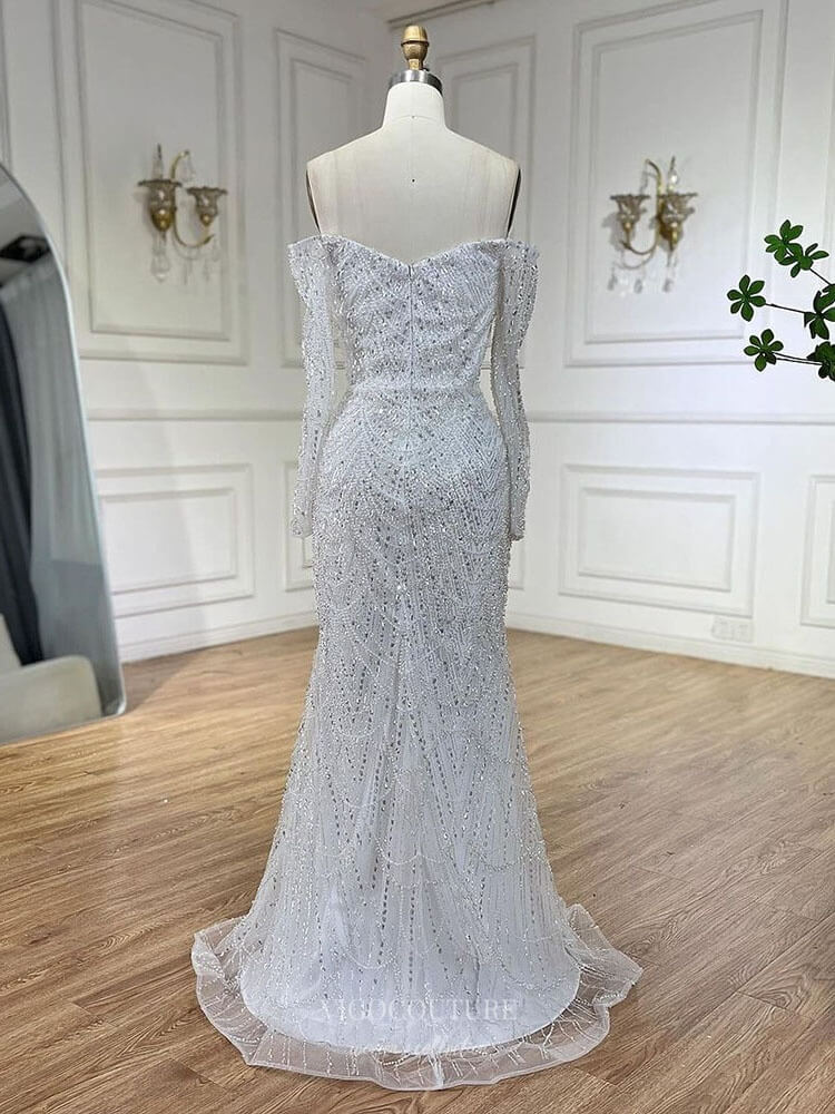 Vintage Beaded Long Sleeve Prom Dresses Off the Shoulder Sheath Pagean vigocouture Vintage Beaded Long Sleeve Prom Dresses Off the Shoulder Sheath Pagean vigocouture