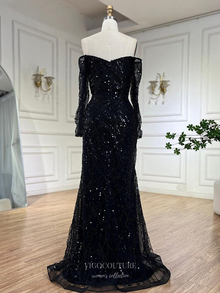Vintage Beaded Long Sleeve Prom Dresses Off the Shoulder Sheath Pagean vigocouture Vintage Beaded Long Sleeve Prom Dresses Off the Shoulder Sheath Pagean vigocouture