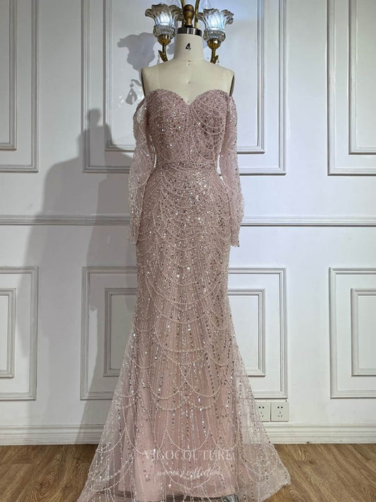 Prom Dress 2025 Vintage Beaded Long Sleeve Prom Dresses Off the Shoulder Sheath Pageant Dress 25001-unique elegant Prom Dresses-Dusty Pink-US2-vigocouture