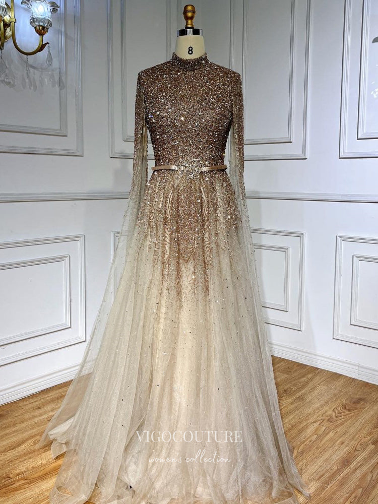 Vintage Beaded Prom Dresses Extra Long Sleeve High Neck Pageant Dress 21633 Champagne / US14