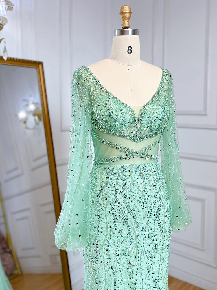 Vintage Beaded Prom Dresses Long Sleeve V-Neck Evening Gown 22110 vigocouture Vintage Beaded Prom Dresses Long Sleeve V-Neck Evening Gown 22110 vigocouture