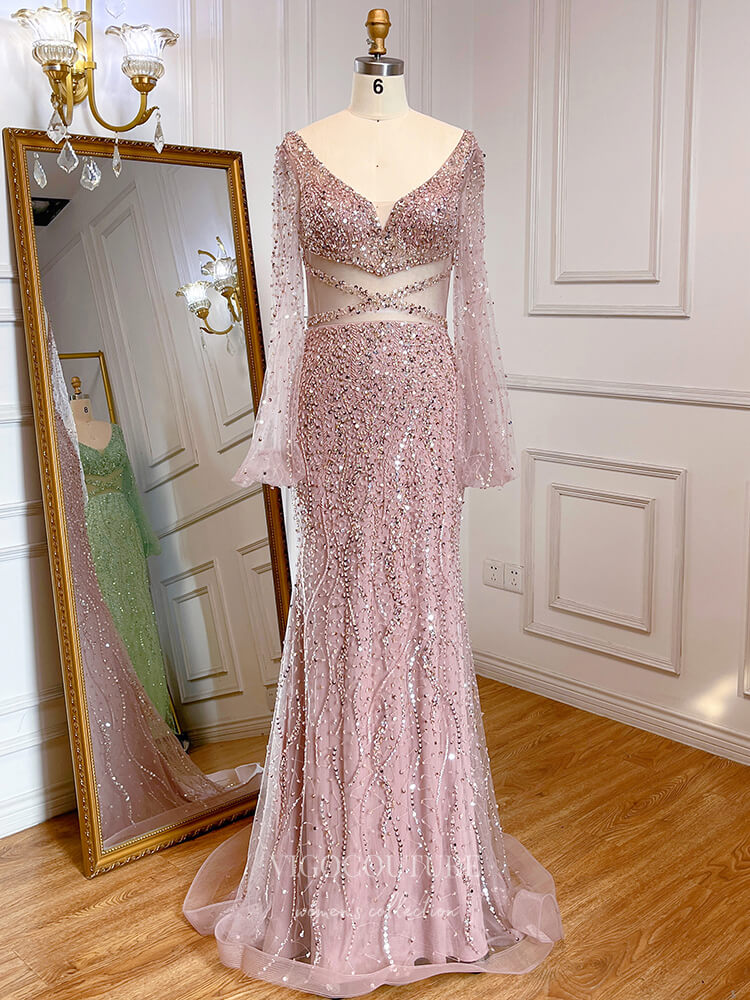 Vintage Beaded Prom Dresses Long Sleeve V-Neck Evening Gown 22110 Pink / US6 Vintage Beaded Prom Dresses Long Sleeve V-Neck Evening Gown 22110 Pink / US6