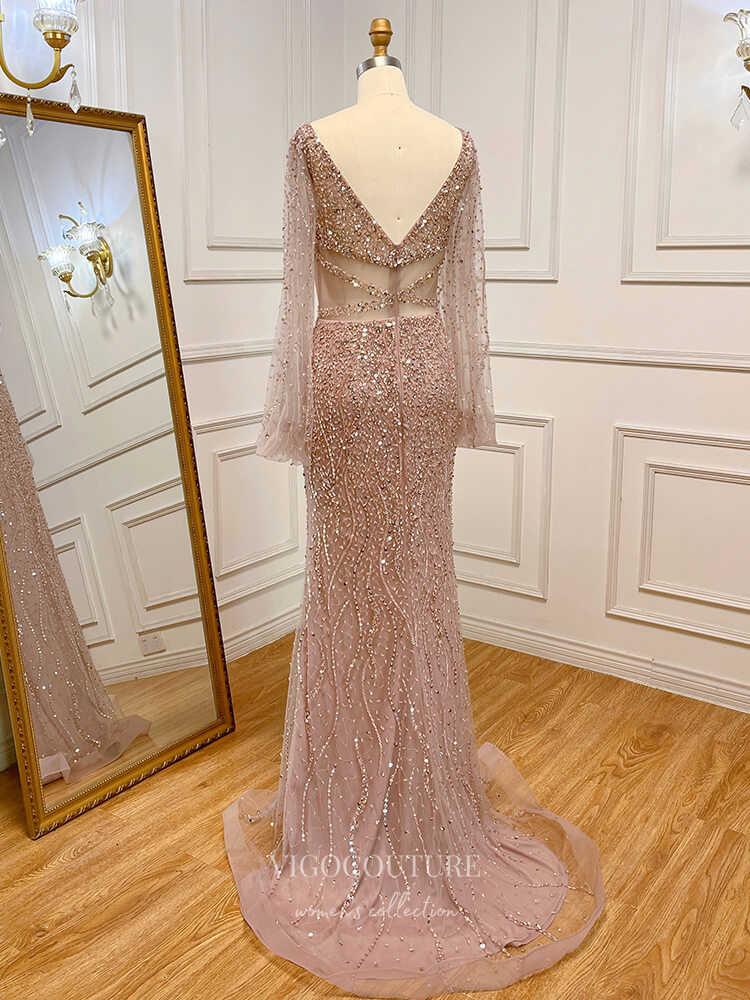 Vintage Beaded Prom Dresses Long Sleeve V-Neck Evening Gown 22110 Pink / US6 Vintage Beaded Prom Dresses Long Sleeve V-Neck Evening Gown 22110 Pink / US6