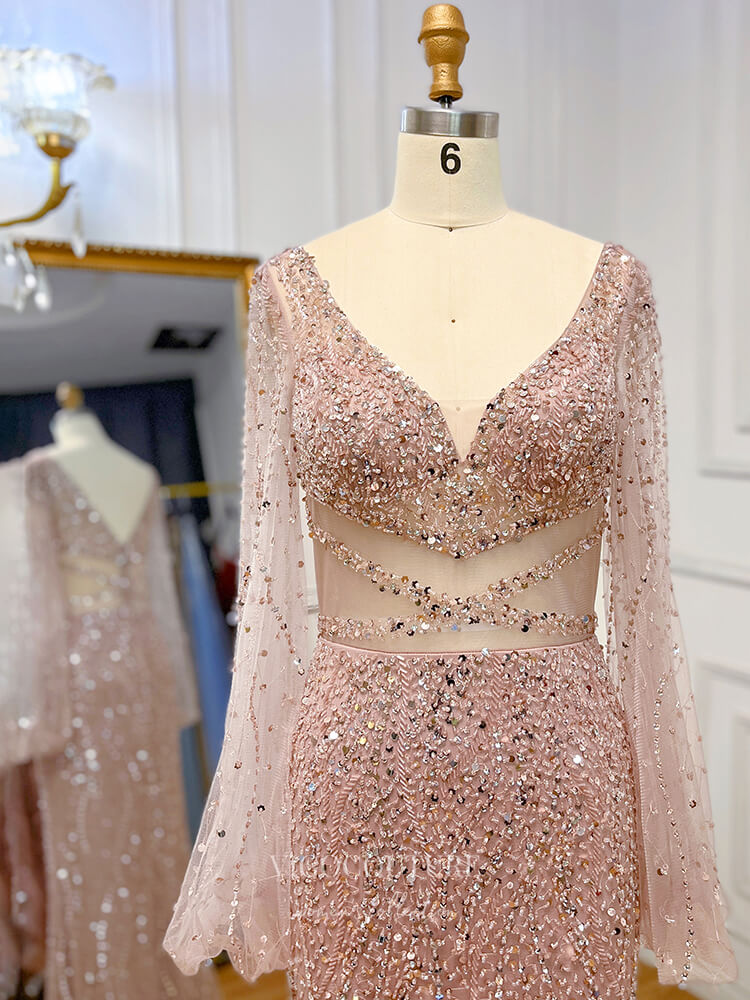 Vintage Beaded Prom Dresses Long Sleeve V-Neck Evening Gown 22110 Pink / US6 Vintage Beaded Prom Dresses Long Sleeve V-Neck Evening Gown 22110 Pink / US6