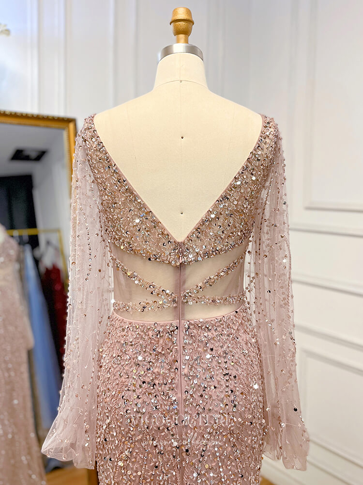 Vintage Beaded Prom Dresses Long Sleeve V-Neck Evening Gown 22110 Pink / US6 Vintage Beaded Prom Dresses Long Sleeve V-Neck Evening Gown 22110 Pink / US6
