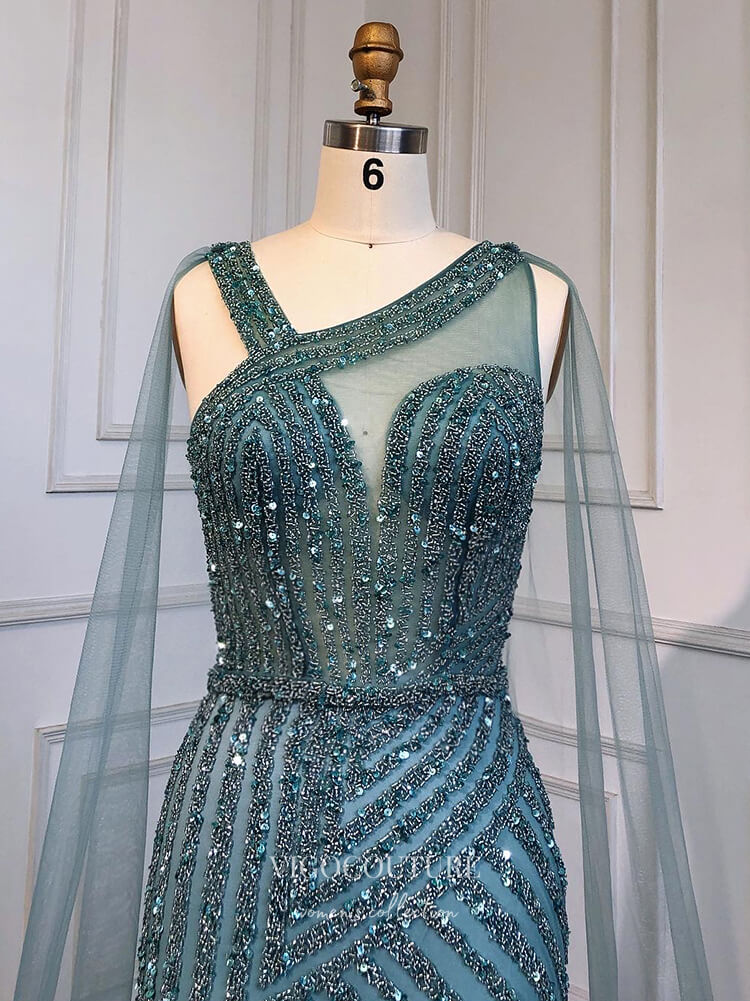 Vintage Beaded Prom Dresses with Slit Detachable Cape Mermaid Evening Dresses 22080 Green / US2 Vintage Beaded Prom Dresses with Slit Detachable Cape Mermaid Evening Dresses 22080 Green / US2
