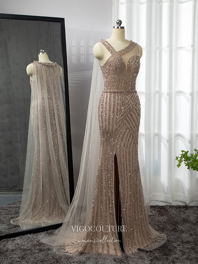 Vintage Beaded Prom Dresses with Slit Detachable Cape Mermaid Evening Dresses 22080 Green / US2 Vintage Beaded Prom Dresses with Slit Detachable Cape Mermaid Evening Dresses 22080 Green / US2